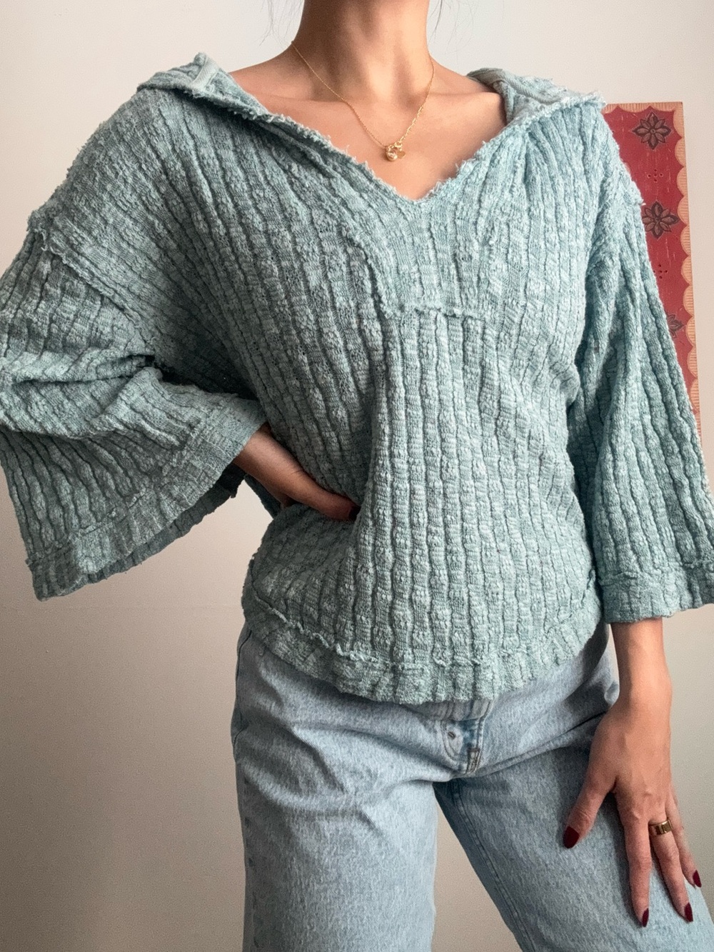 Free people Light blue hooded oversized knit sweater poncho with bell sleeves